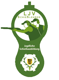 Logo der LJV Schießlehrer mit der Aufschrift "Jagdlische Schießausbildung" und einem Emblem mit einem Wappen und Geweih.
